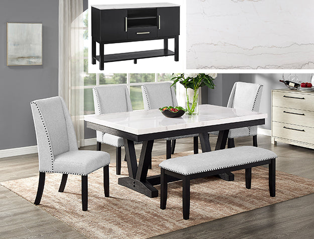 1320 Genuine Marble Dining Table, 4 Chairs, Bench