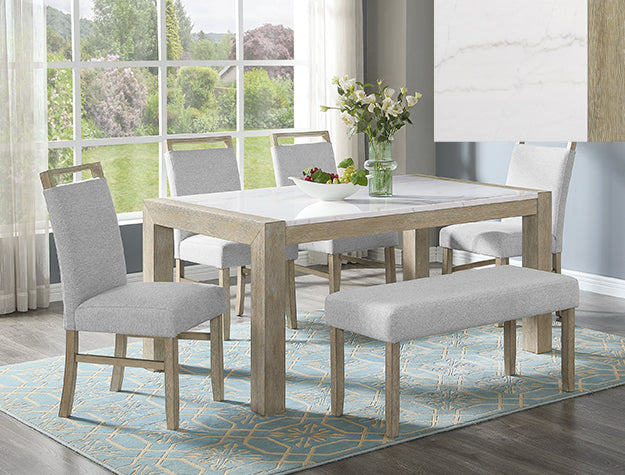 1321 Genuine Marble Dining Table, 4 Chairs, Bench
