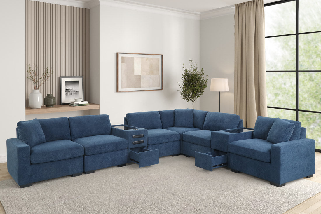 Barista Blue 8PC Modular Sectional Set (w/ Bluetooth Speaker)