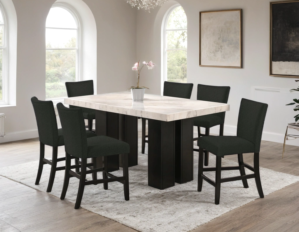 Finley20 Black - (GENUINE MARBLE) Counter Height Table & 6 Chairs